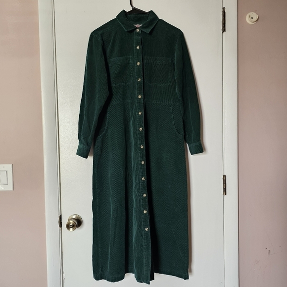 Vintage FADS green corduroy button-down granola girl teacher midi dress - Picture 4 of 8